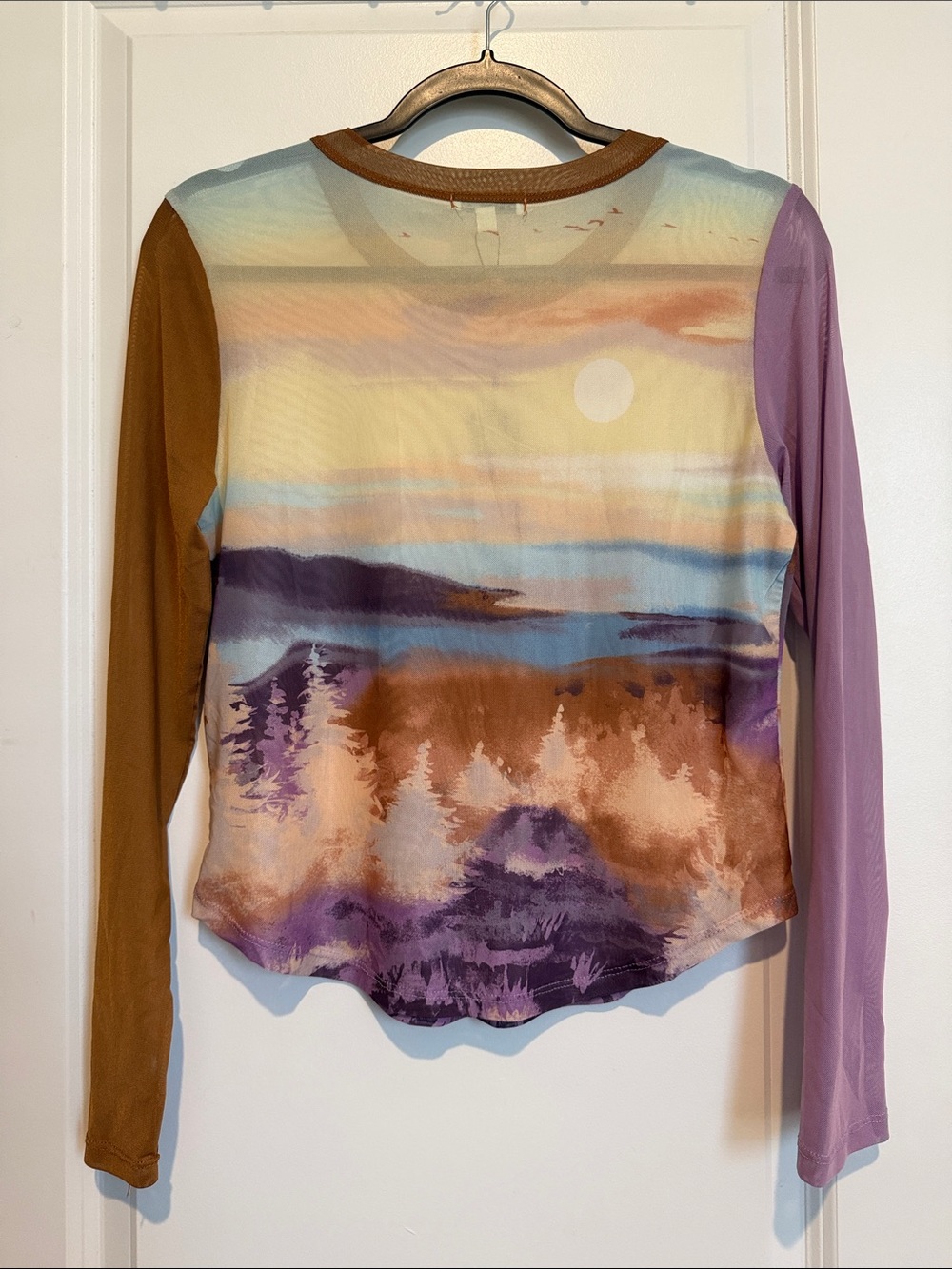 Fashion Nova Multicolor Scenic Print Long Sleeve Top — Lavender & Brown Sleeves - Picture 3 of 5